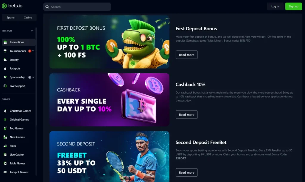 Bets.io welcomes players with an enticing welcome bonus worth up to 1 BTC and 100 free spins.