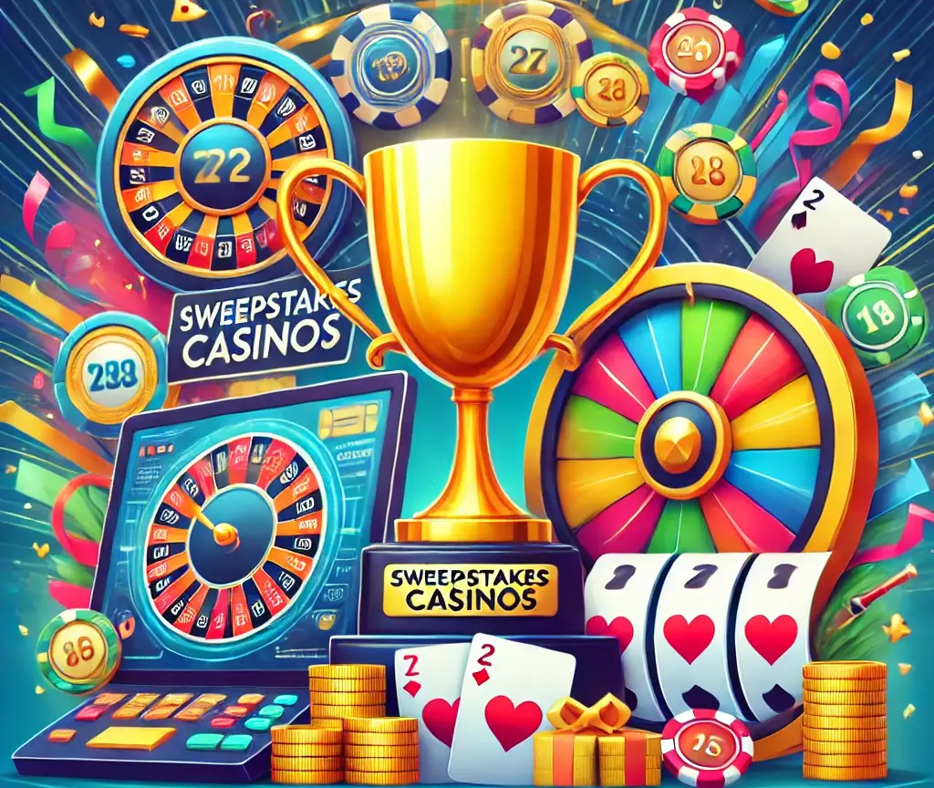 Illustration of sweepstakes casinos featuring a golden trophy, prize tickets, and a digital casino interface with slot machines and playing cards. 