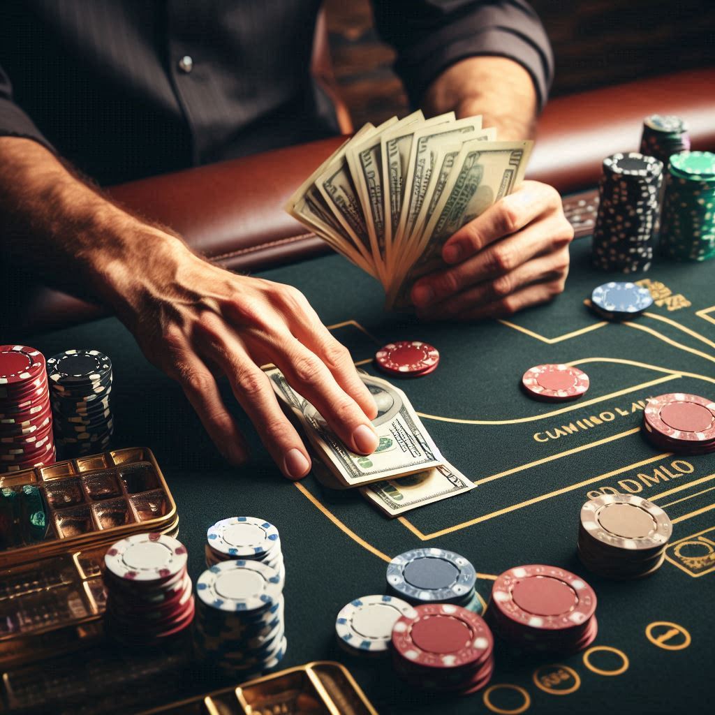 A poker player managing their chips and money carefully at a casino table.