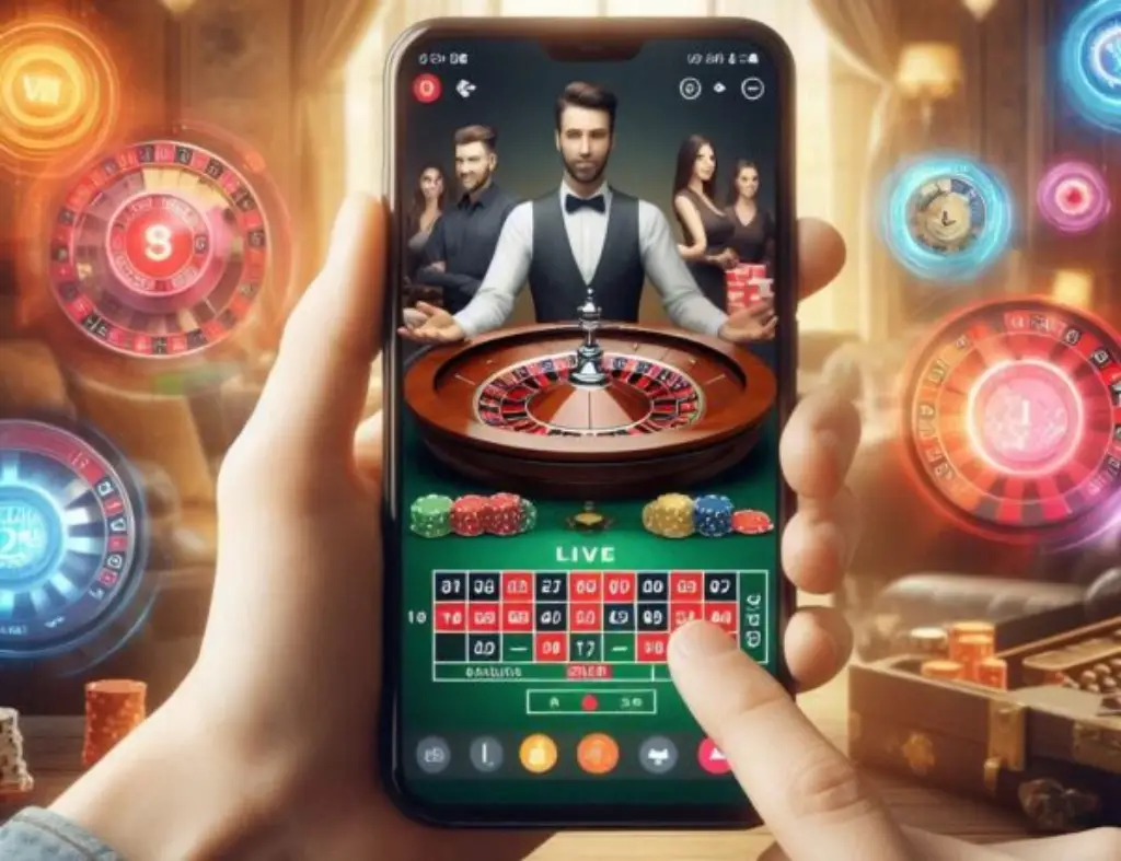 Person playing live casino games on a smartphone, showcasing various live dealer games and mobile-friendly interface for mobile live online casinos.