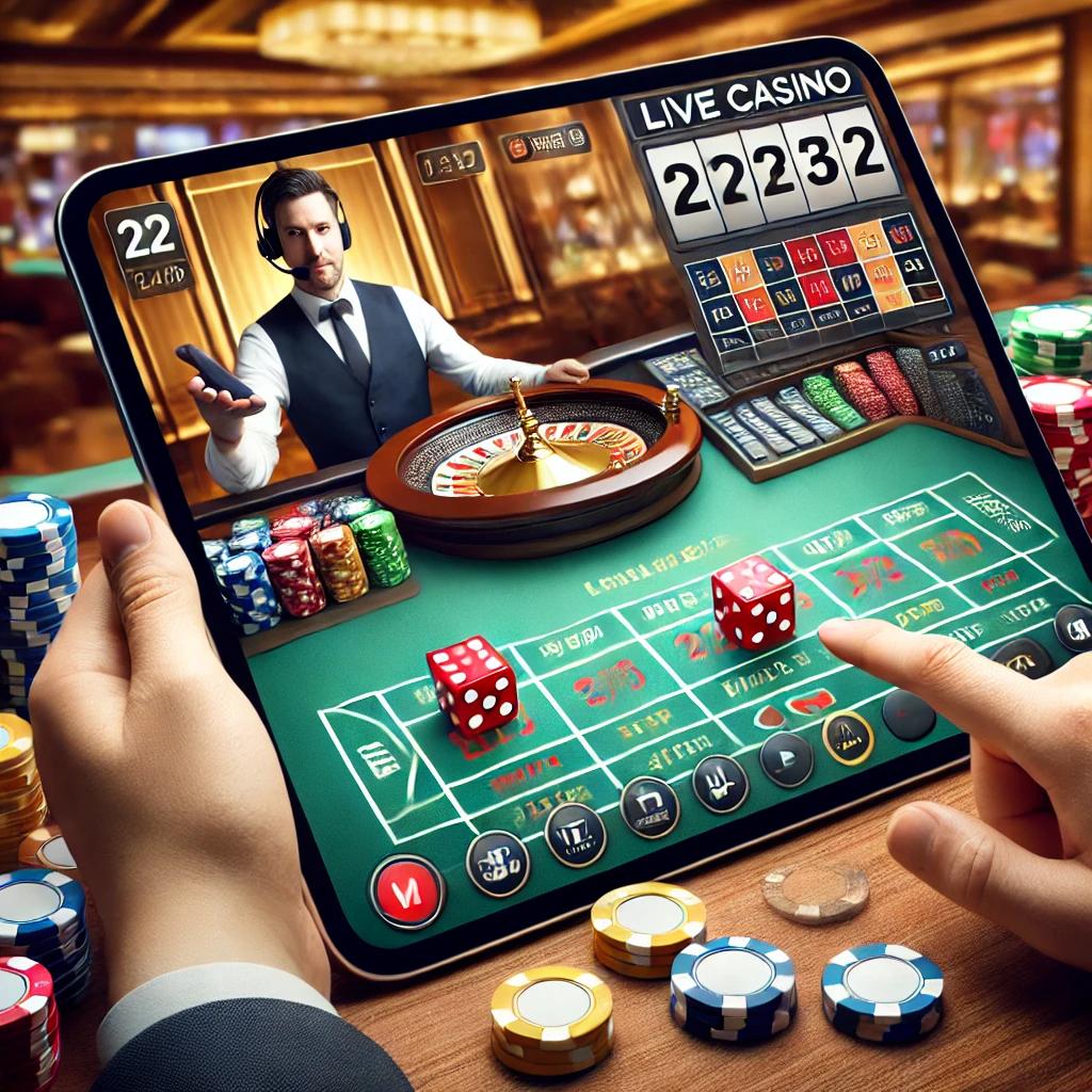 A person playing craps in an online live casino on a computer screen, with a virtual craps table, dice, chips, and a live dealer visible on the screen.