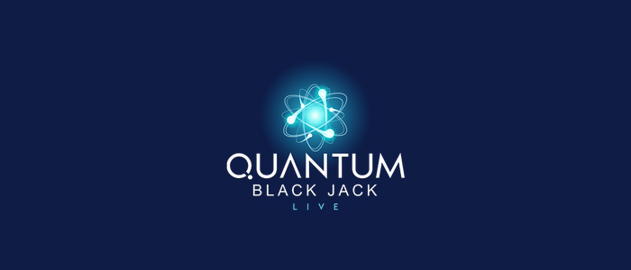 Quantum Blackjack Live logo featuring a glowing atomic symbol on a dark blue background.