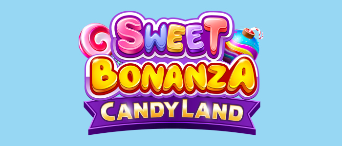 Sweet Bonanza CandyLand logo with colorful candy-themed letters on a light blue background.