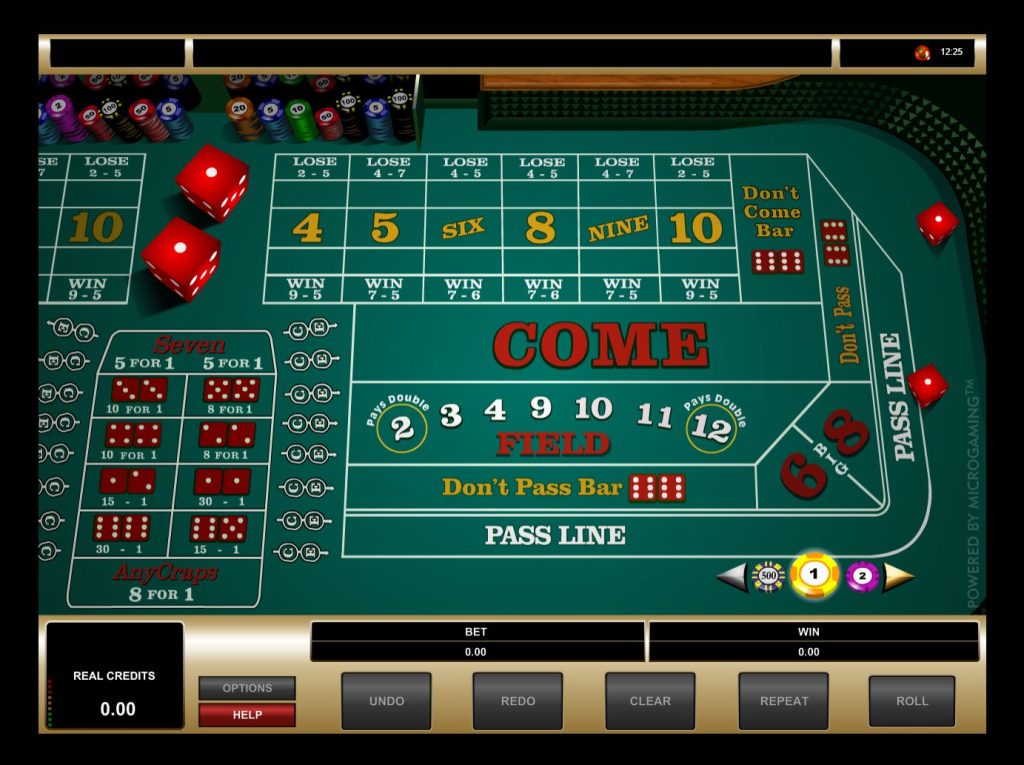 Virtual craps table in an online live casino, showing various betting options, dice, and chips.