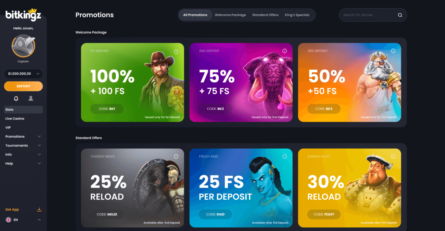 There are three welcome bonuses awaiting newbies at Bitkingz Casino