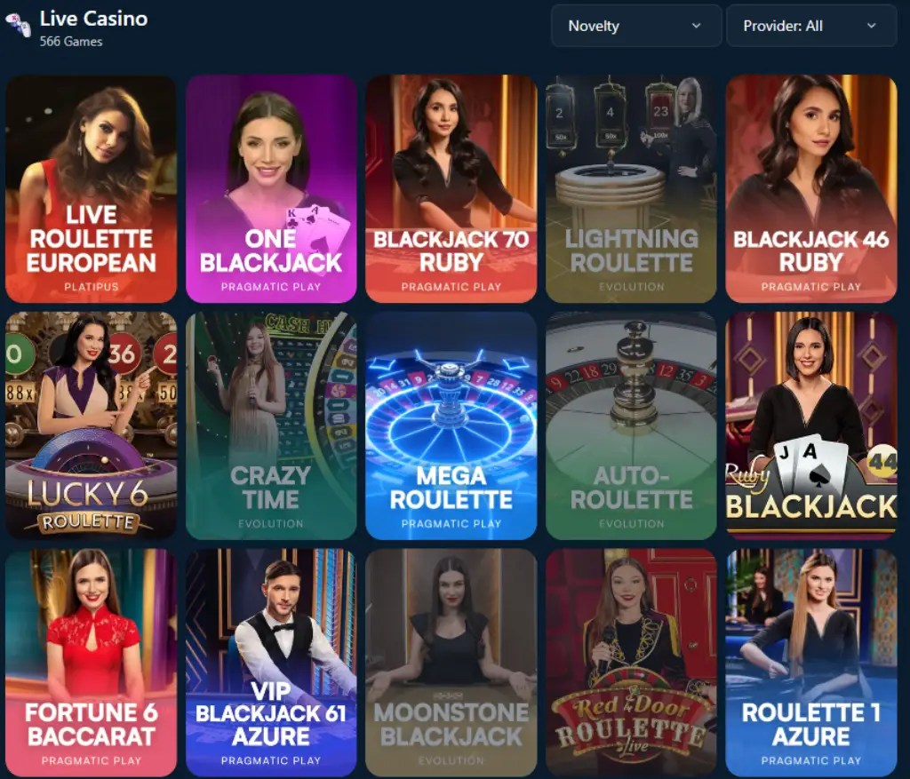 Choose from over 560 live casino games when you sign up and play at Wild.io Casino today.