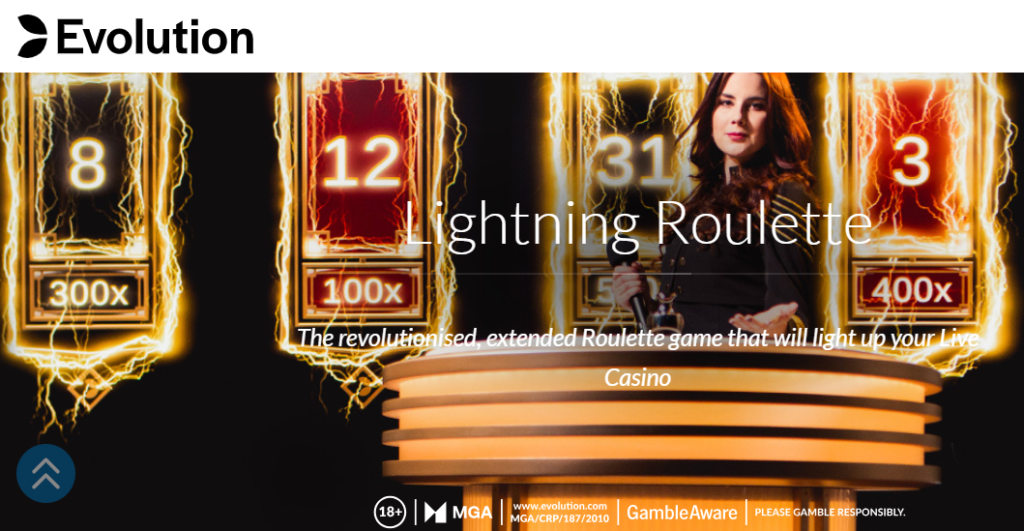 Lightning Roulette game with electrifying multipliers, featuring a live dealer and enhanced payouts at an online casino.