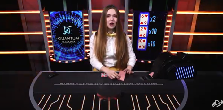 Quantum Blackjack by Playtech offers multipliers up to 50x but has a push rule when the dealer busts with a three-card hand, adding an extra challenge.