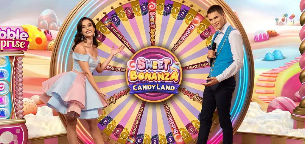 Sweet Bonanza Candyland Live game show hosted by a presenter, featuring colorful candy symbols and spinning wheel gameplay by Pragmatic Play.