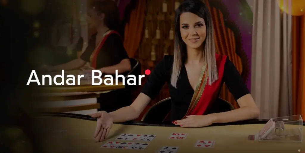 A professional female live dealer hosting an Andar Bahar game by Ezugi, smiling warmly at the players. The table is neatly set with cards, creating a welcoming and engaging live casino atmosphere.