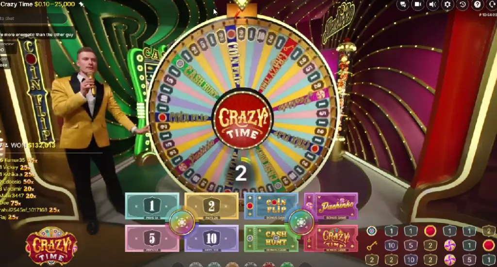 Crazy Time live casino game by Evolution, showing a colorful game wheel with numbered segments and bonus rounds (Cash Hunt, Coin Flip, Pachinko, and Crazy Time) hosted by a presenter in a golden jacket.