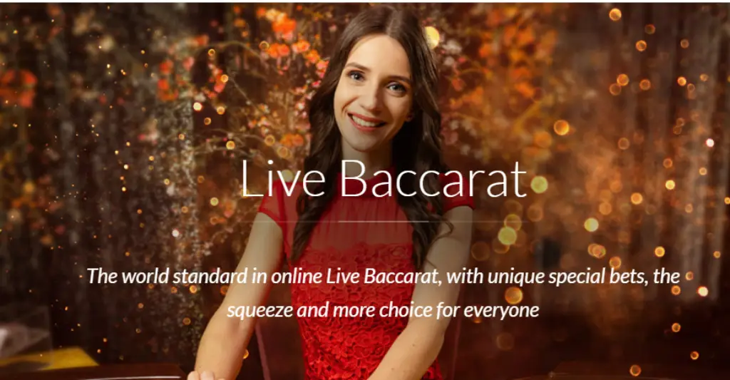 Live baccarat table with cards, chips, and live dealer in an online casino setting.