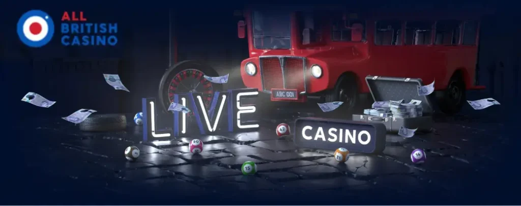 All British Casino live casino header highlighting the live casino section, featuring a bold heading with a sleek design, representing the availability of real-time gaming experiences.