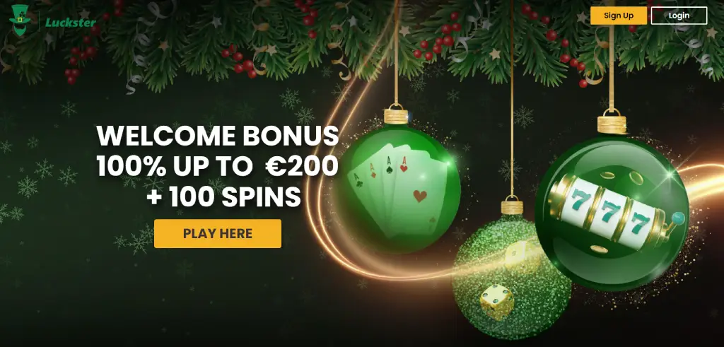 Luckster Casino welcome bonus banner offering up to €200 and free spins for new players