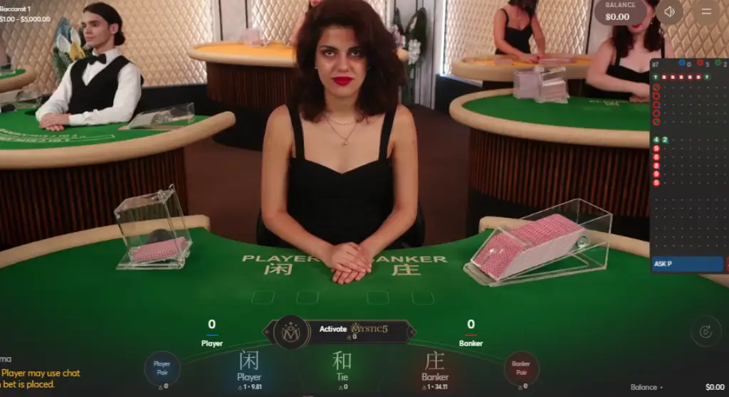 A live baccarat game setup featuring a professional dealer in a black dress seated at a green table. The table displays sections labeled 'Player,' 'Tie,' and 'Banker,' with betting areas clearly marked. Other dealers are visible in the background, and the game interface shows betting limits ranging from $100 to $5,000. Learn baccarat tips for better gaming.