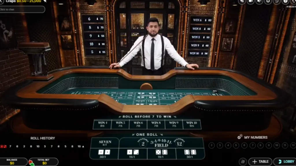 A live dealer hosting craps games at a casino table, with players eagerly placing bets and watching the dice roll in real-time.