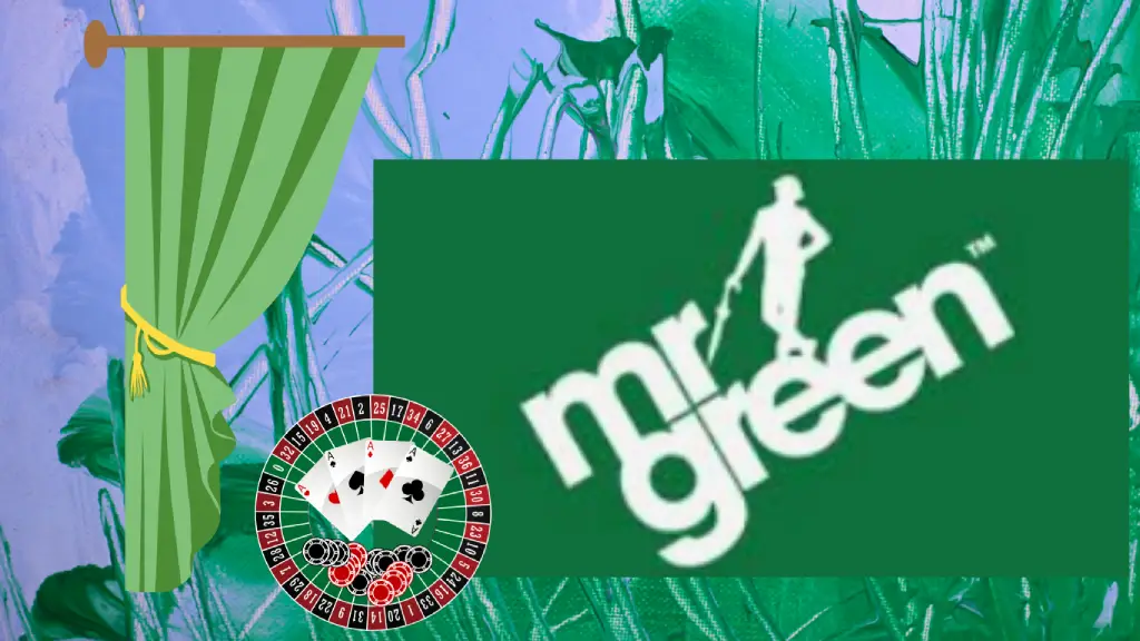 "Mr Green Casino logo featuring a stylized silhouette of a man in green with a roulette wheel and playing cards, set against a vibrant green-themed background.