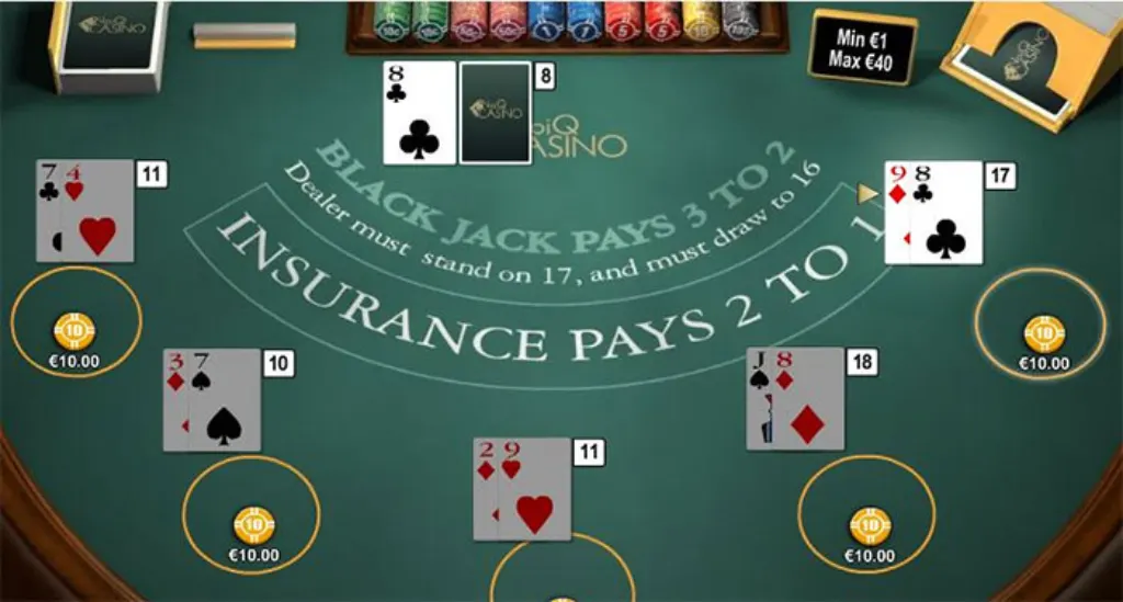 A live dealer at a blackjack table, expertly dealing cards and engaging with players while maintaining a professional demeanor.