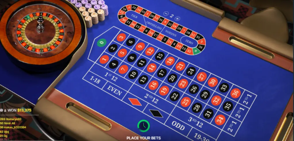 Live casino roulette game in progress, with a real dealer spinning the roulette wheel. The blue roulette table features various betting options, including inside and outside bets, displayed in front of the dealer. 'Roulette Tips' offering advice on strategies and gameplay.