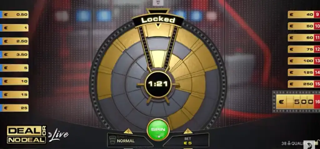 Deal or No Deal Live game interface with top-up option, featuring a spinning wheel and briefcases displaying potential rewards, providing an immersive live casino experience.