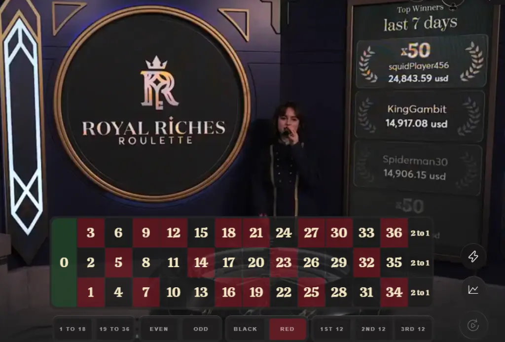 Royal Roulette Riches by Live88, a luxurious live roulette experience with enhanced features and royal-themed visuals.