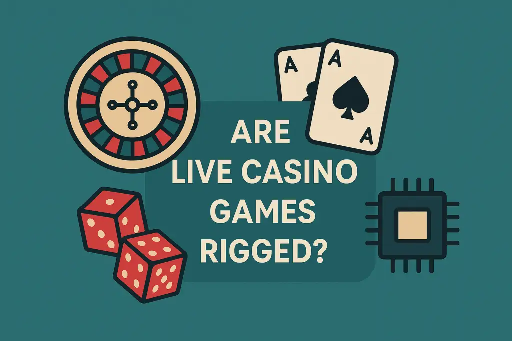 Are Live Casino Games Rigged – Visual with roulette wheel, cards, dice, and microchip icon representing randomness and fairness in live casino gameplay.