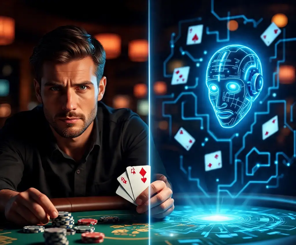 gambling vs AI split screen showing human poker player with intense eyes holding cards on left side facing futuristic AI robot with glowing data streams on right side
