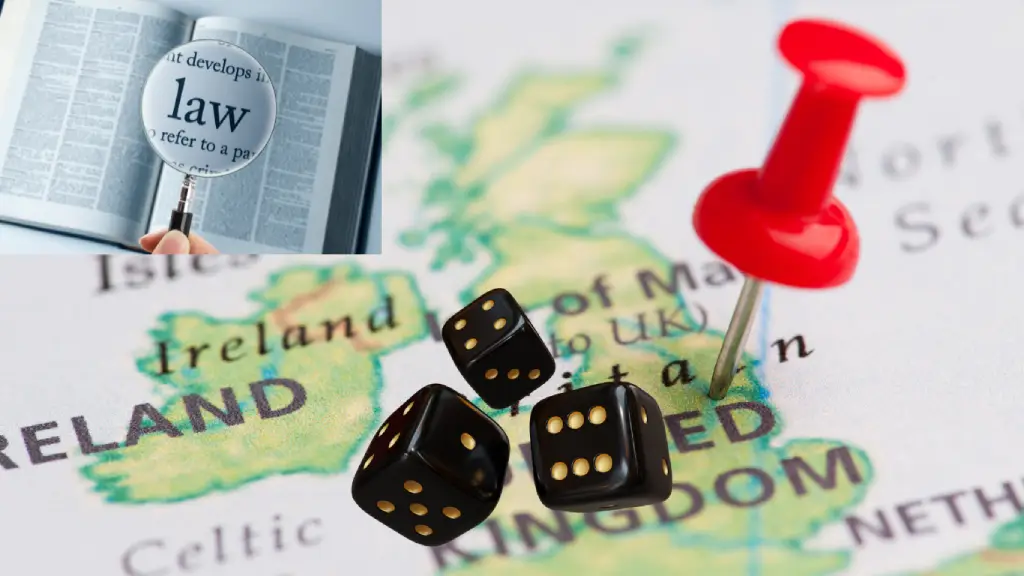 An illustration representing UK Online Casinos Laws, showcasing a magnifying glass emphasizing legal regulations, a map of the United Kingdom with a marked location, and dice symbolizing gambling activities.
