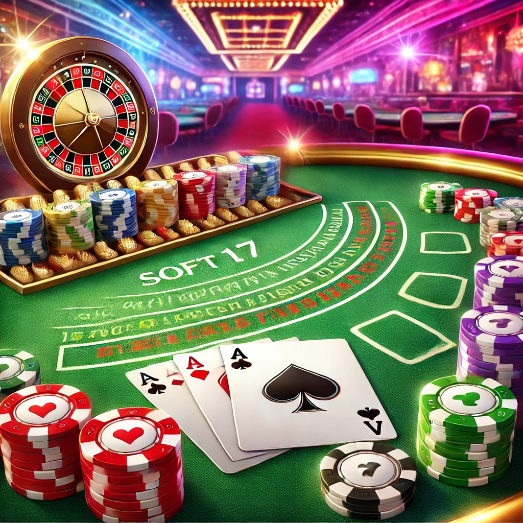 Illustration of a blackjack table displaying a soft 17 hand (Ace and 6) with casino chips, learn the code of soft 17 in blackjack